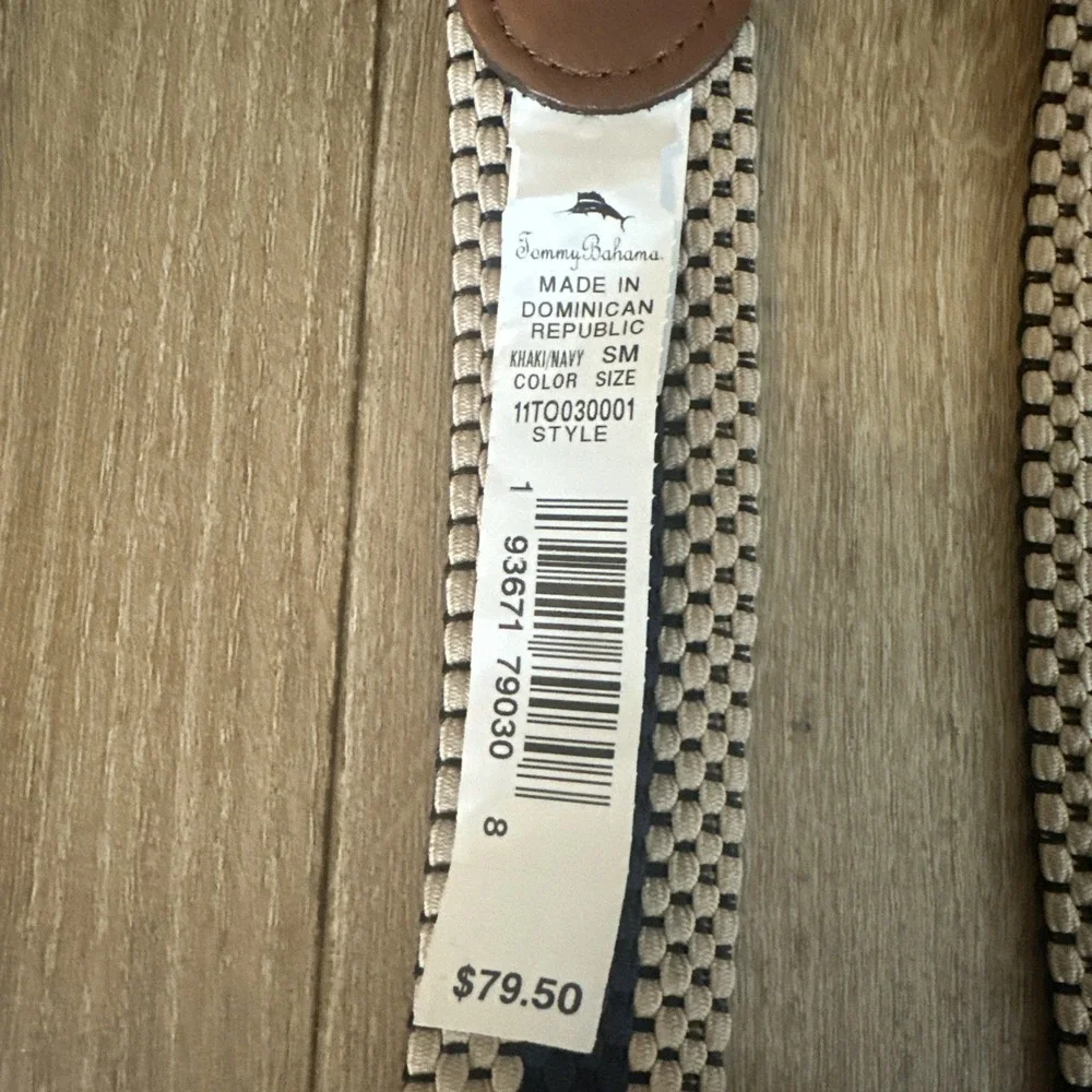 Tommy Bahama Leather and Fabric Stretch Belt Navy Khaki‎ Men's Size 30-32
